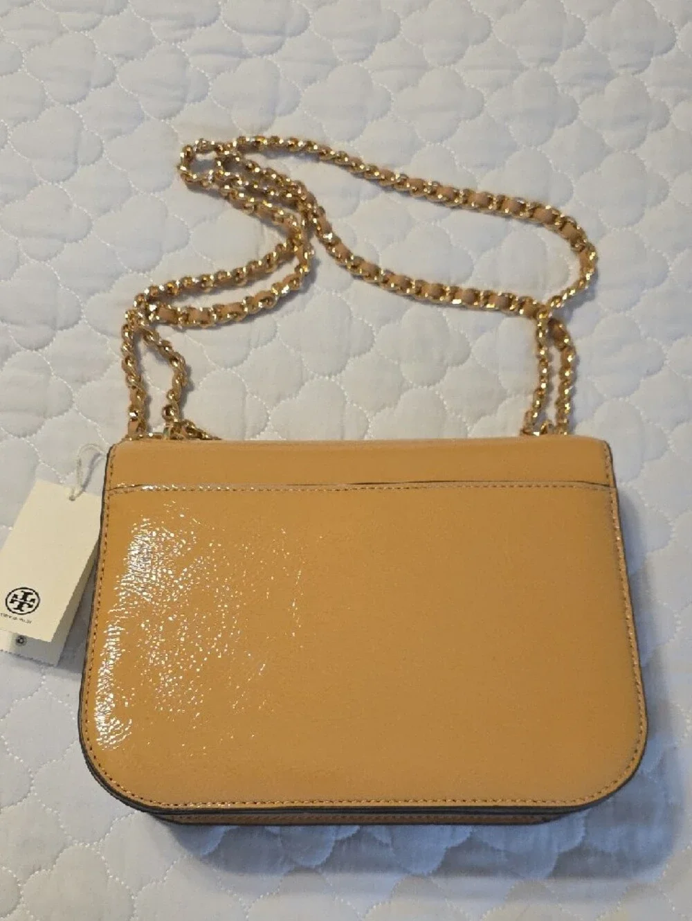 Tory Burch Patent Leather Crossbody in Camel/Tan with Gold Hardware